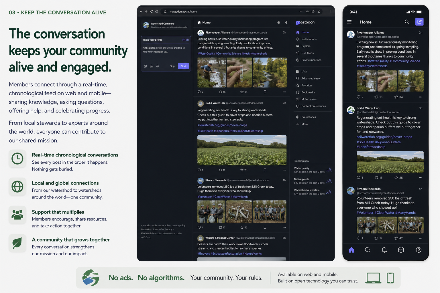 A chronological community conversation shown on desktop and mobile, connecting people locally and globally without ads or algorithms.