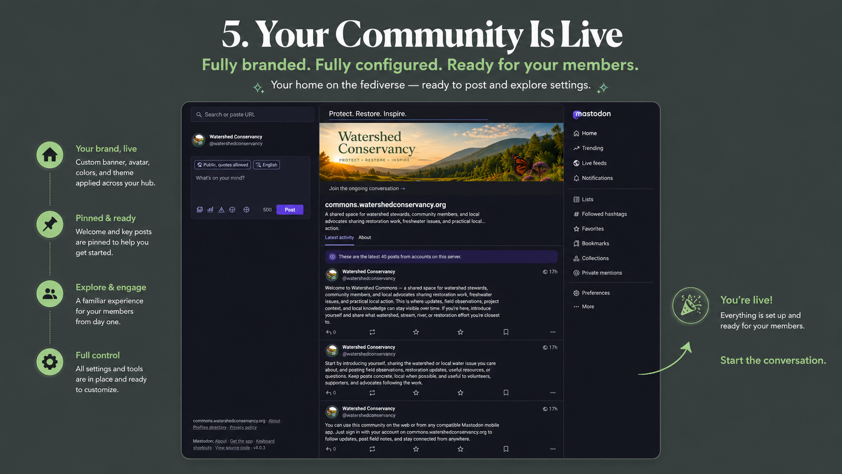 The finished branded Mastodon community is live with its profile, welcome posts, desktop interface, and community identity already configured.